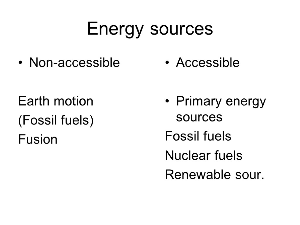 Energy sources Non-accessible Earth motion (Fossil fuels) Fusion Accessible Primary energy sources Fossil fuels